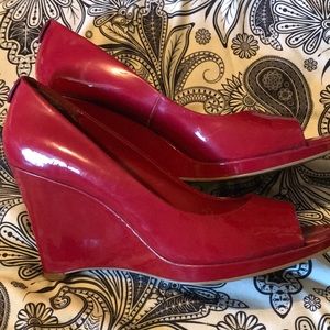 Ralph Lauren Peep Toe Wedges Size 7 Red Patent